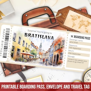 Modèle modifiable de carte d'embarquement pour Bratislava, voyage surprise à Bratislava en Slovaquie, faux billet d'avion pour Bratislava, téléchargement immédiat