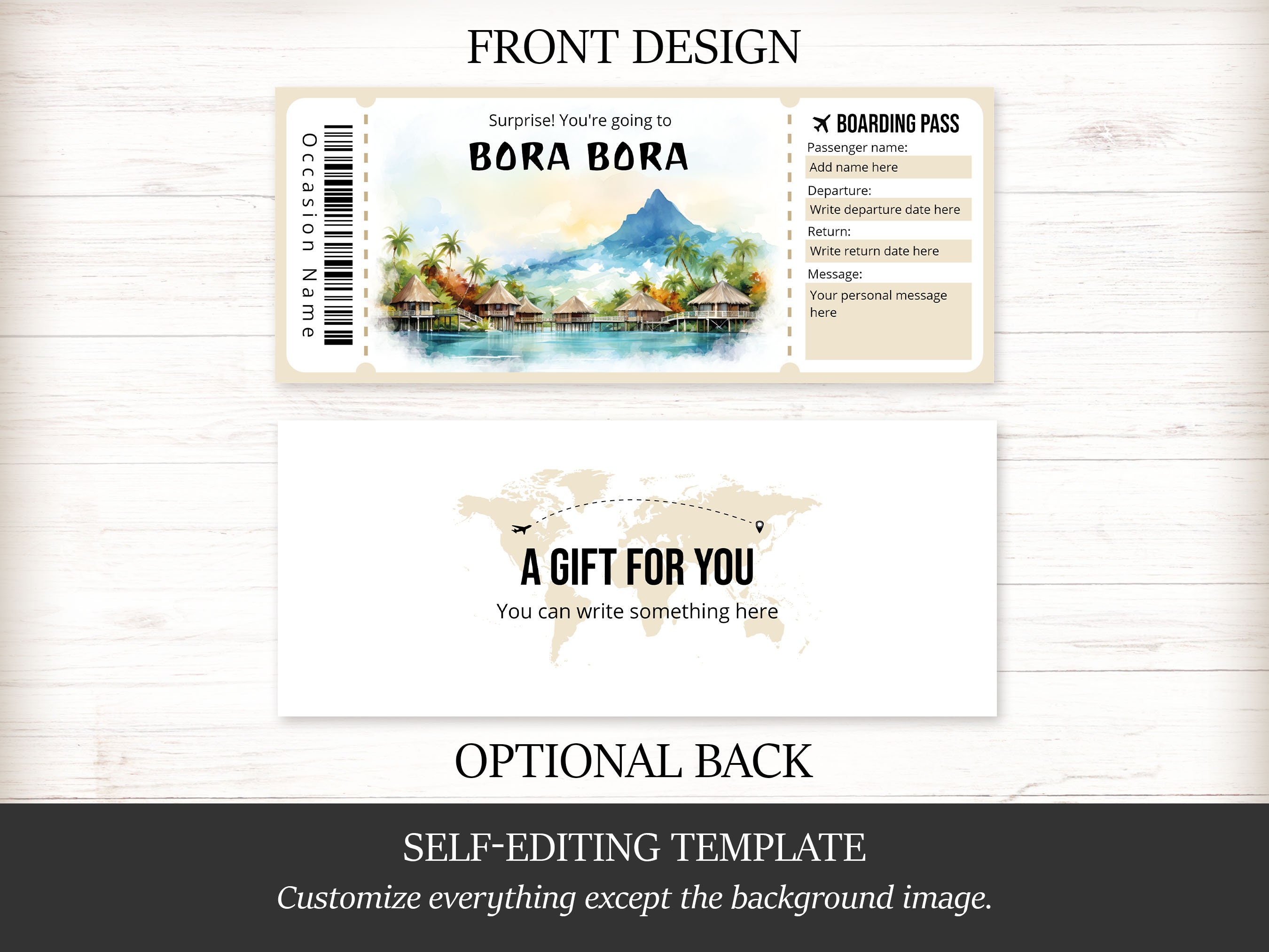 Editable Bora Bora Boarding Pass Template, Personalized Gift Printable ...