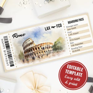 Modello di carta d'imbarco modificabile per il viaggio a Roma con acquerello, biglietto di presentazione del viaggio a Roma, certificato regalo a sorpresa, download immediato