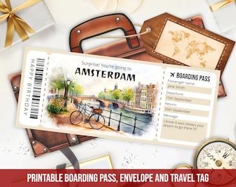 Plantilla editable de tarjeta de embarque para Ámsterdam, billete sorpresa de viaje a Ámsterdam con acuarela, billete de avión de los Países Bajos, descarga instantánea.