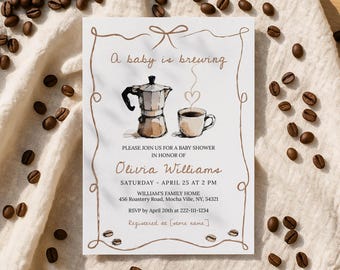 Editable Coffee Baby Shower Invitation Template, A Baby Is Brewing Baby Shower Invite, Printable Cafe Bebe Theme Baby Brunch Invite Digital
