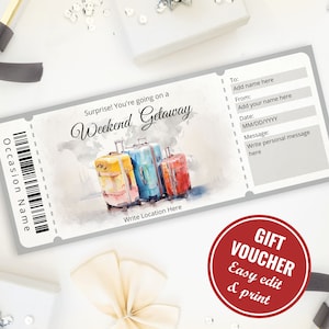 Watercolor Weekend Getaway Voucher Gift Certificate Template - Customizable and Printable, Weekend Surprise Trip Reveal, Instant Download