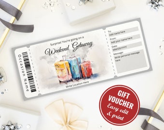 Watercolor Weekend Getaway Voucher Gift Certificate Template - Customizable and Printable, Weekend Surprise Trip Reveal, Instant Download