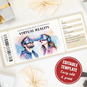 Może przedstawiać: Kremowa karta w stylu biletu z napisem "SURPRISE! YOU'RE ABOUT TO EXPERIENCE VIRTUAL REALITY" oraz akwarelową ilustracją pary w zestawach VR. Karta zawiera kod kreskowy, napis "HAPPY BIRTHDAY" oraz sekcję na spersonalizowaną wiadomość. Widoczne jest również czerwone koło z napisem "EDITABLE TEMPLATE".