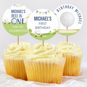 Golf first birthday cupcake toppers for boys, Hole in one first birthday toppers in blue, Editable Instant Download, A001