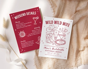 May include: Two rectangular bachelorette party invitation cards with dark red and white color schemes. The cards feature western-themed line art including a cowboy hat, cow skull, boots, lasso, and cocktail glass, with text reading Wild Wild Wife.