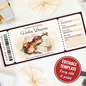 Bearbeitbare Geigenunterricht-Geschenkgutscheinvorlage für Geigenliebhaber, Sofort Download