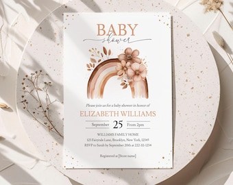Boho Rainbow Baby Shower Invitation Template, Editable Gender Neutral Rainbow Invite, Printable Rainbow Shower Digital Invite, Boho Baby
