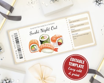 Editable Sushi Night Out Gift Certificate Template for sushi lover, Printable Sushi Dinner Voucher, Sushi Coupon, Instant Download
