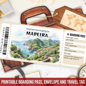 Redigerbar mall för boardingkort på Madeira, utskrivbar överraskningsbiljett till Madeira med kuvert, direktnedladdning