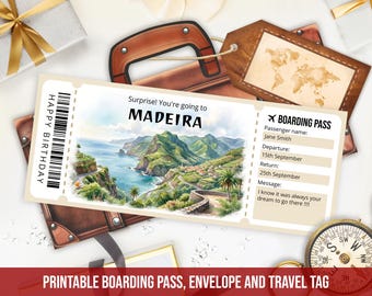 Modèle modifiable de carte d'embarquement de Madère, billet de voyage surprise imprimable à Madère avec enveloppe, téléchargement immédiat
