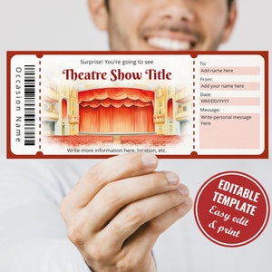 Editable Digital Theatre Ticket Gift Template, Surprise Musical Ticket Printable, Print at home download