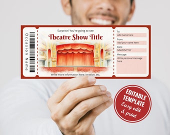 May include: Editable theater ticket template with a red background and a picture of a stage with red curtains. The text "Surprise! You're going to see Theatre Show Title" is at the top of the ticket. The text "Occasion Name" is on the left side of the ticket. The text "To: Add name here From: Add your name here Date: MM/DD/YYYY Message: Write personal message here" is on the right side of the ticket. The text "Write more information here. Location, etc." is at the bottom of the ticket. The text "EDITABLE TEMPLATE Easy edit & print" is in a red circle at the bottom right of the ticket.