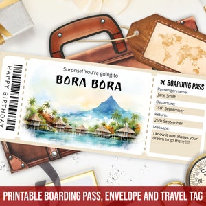 Modelo de cartão de embarque editável para Bora Bora, presente personalizado, passagem aérea para Bora Bora para impressão com envelope, download digital