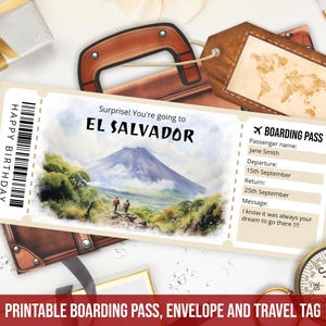 Modèle modifiable de carte d'embarquement pour le Salvador, voyage surprise au Salvador, faux billet d'avion, cadeau billet d'avion aquarelle téléchargement immédiat