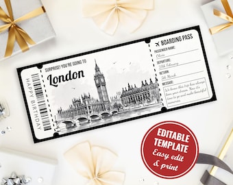 London Boarding Pass Template, London Surprise Trip Reveal Gift Ticket, Printable England London Vacation Plane Ticket Black and White