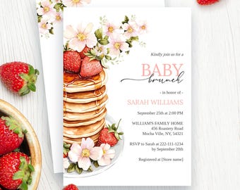 May include: A baby shower invitation with a watercolor illustration of a stack of pancakes topped with strawberries and a floral arrangement. The invitation text reads "Kindly join us for a Baby Brunch in honor of Sarah Williams, September 25th at 2:00 PM, William's Family Home, 456 Roastery Road, Mocha Ville, NY, 54321, RSVP to Sarah at 222-111-1234 by September 20th, Registered at [Store name]"