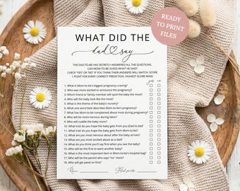 May include: A white paper game card titled What Did The Dad Say with eighteen questions for a baby shower. The card features black text, checkboxes for yes or no answers, and a pink circle graphic in the top right corner that reads Ready To Print Files.