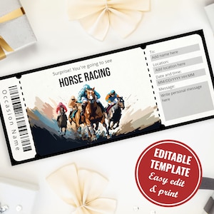Plantilla de boleto de carreras de caballos sorpresa, plantilla de certificado de regalo de carreras de caballos personalizable e imprimible, boleto de Derby, descarga instantánea