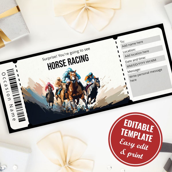 Surprise Horse Racing Ticket Template, Customizable and Printable Horse Racing Gift Certificate template, Derby ticket, Instant Download