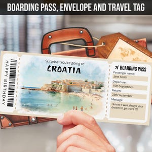 Surprise Kroatië reis onthullen cadeaukaartsjabloon, bewerkbare KROATI instapkaart, aquarel afdrukbaar vliegticket cadeau direct downloaden