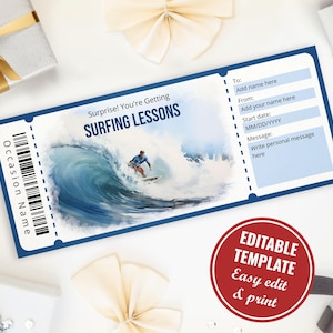 Bearbeitbare Surf-Geschenkgutschein-Vorlage für Surf-Liebhaber, druckbare Surfstunden-Geschenkgutschein, Surprise Surfing Ticket, Sofort-Download