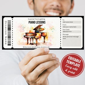 Editable Watercolor Piano Lessons Gift Certificate Template for Piano Lovers, Instant Download