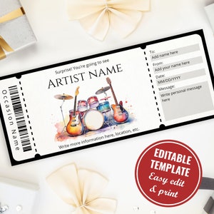 Bearbeitbare Konzertkartenvorlage, druckbare benutzerdefinierte Konzertkartengeschenkgutschein, Musikband-Konzertgeschenkgutschein, digitaler Download