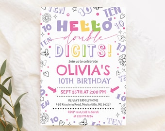 10th Birthday Invitation Girl, Editable Girl Double Digits Invitation Template, 10 Year Old Birthday Party Instant Download
