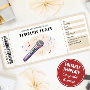 Bearbeitbare Bandticketvorlage für Musikliebhaber, druckbare Konzertgeschenkgutscheine, Musikband-Konzertticket-Gutscheine, digitaler Download