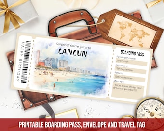 May include: Printable boarding pass with a watercolor illustration of Cancun, Mexico. The pass has a barcode and the text "Happy Birthday" and "Surprise! You're going to Cancun". The boarding pass also includes a section for passenger name, departure date, return date, and a message.