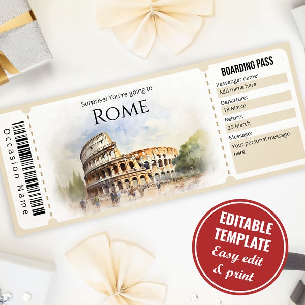 Bewerkbare Rome-instapkaartsjabloon, Surprise Rome-reis onthullen ticketsjabloon, Direct downloaden