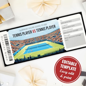 Überraschungs-Tennis-Match Ticket Vorlage, anpassbare und druckbare Tennis Spiel Geschenkgutschein für Tennis-Fan, Instant Download
