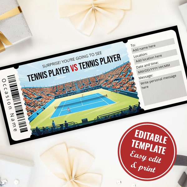 Surprise Tennis Match Ticket Template, Customizable and Printable Tennis Game Gift Certificate for tennis fan, Instant Download