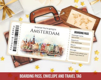 Amsterdam Boarding Pass Editable Template Printable Surprise Trip Amsterdam plane ticket with envelope Personalized Gift Instant Download