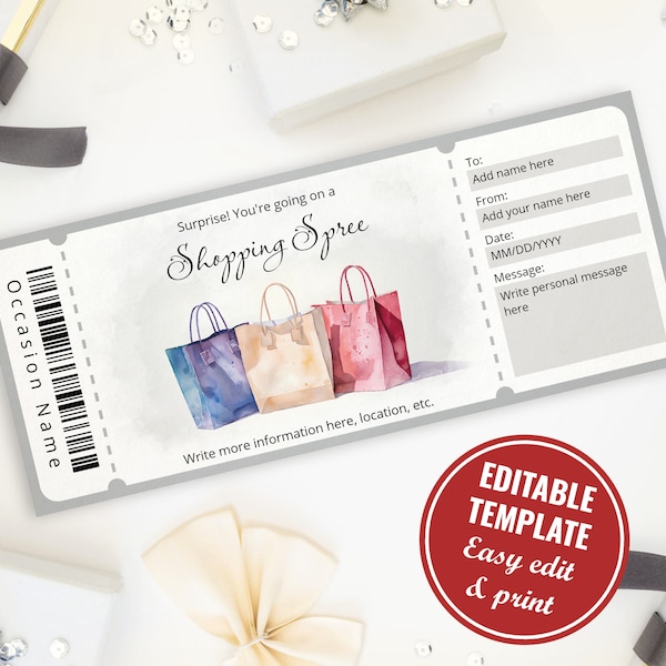 Editable Watercolor Shopping Spree Certificate Template, Surprise Reveal Shopping Day Voucher Template, Instant Download