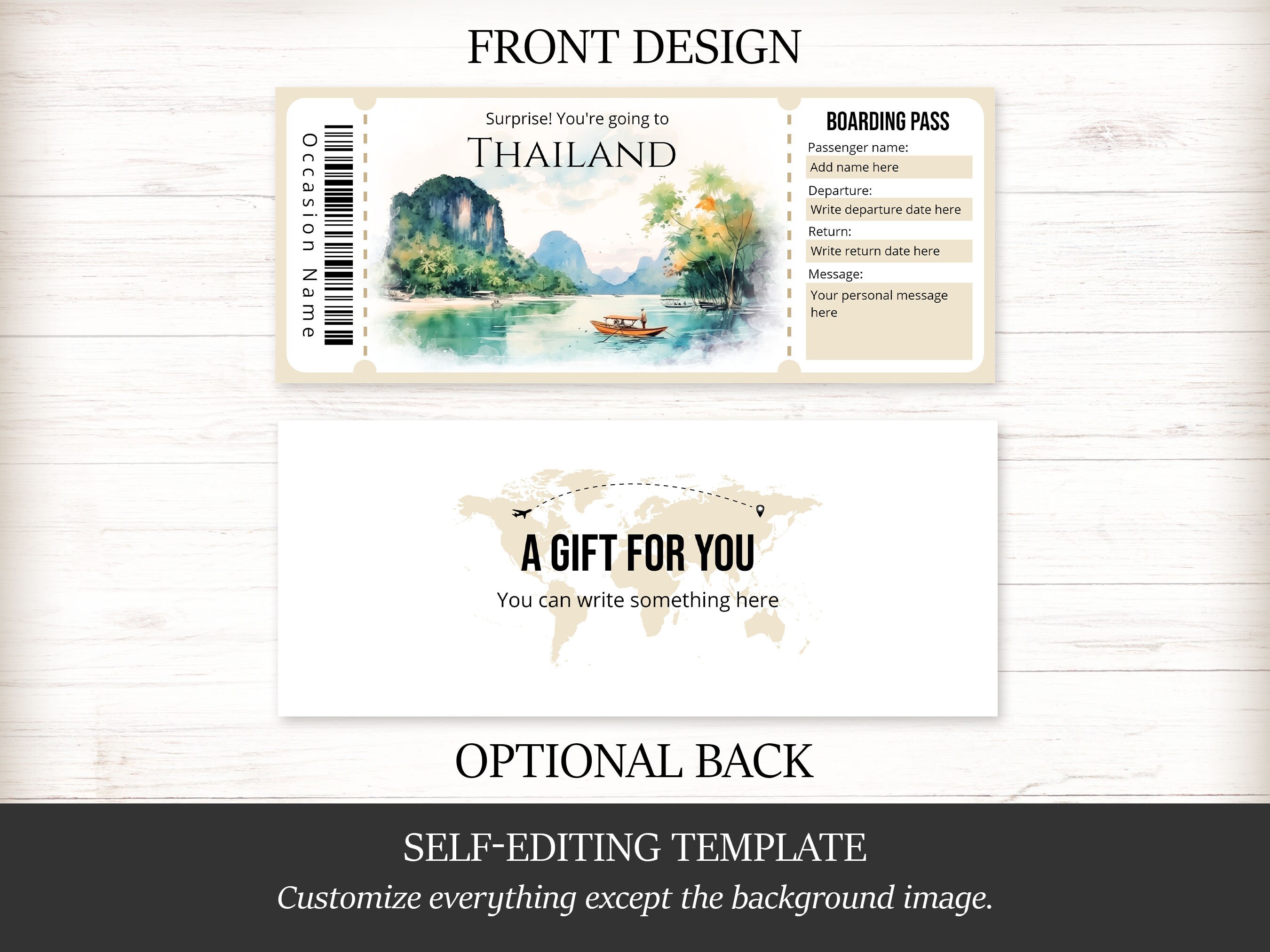 Editable Thailand Boarding Pass Template, Personalized Printable