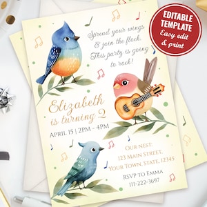 Bearbeitbare Vogel-Geburtstags-Einladungsvorlage, kleiner Vogel-Party-Einladung, kleiner Piepmatz-Geburtstags-Party einladen, sofortiger Download