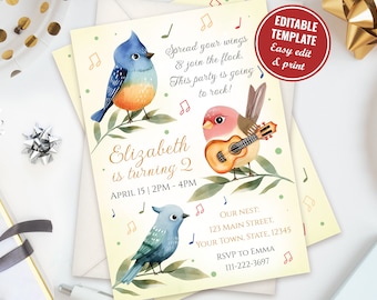 May include: A yellow and white printable invitation with a watercolor illustration of two birds. The text reads "Spread your wings & join the flock. This party is going to rock! Elizabeth is turning 2. April 15 | 2PM-4PM. Our Nest: 123 Main Street, Your Town, State, 12345. RSVP to Emma 111-222-3697."