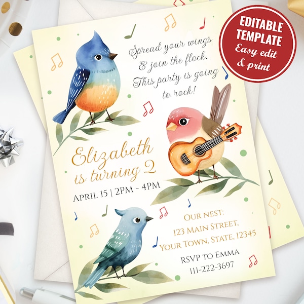 Editable Bird Birthday Invitation Template, Little Bird Party Invitation, Little Birdie Birthday Party Invite,  Instant Download