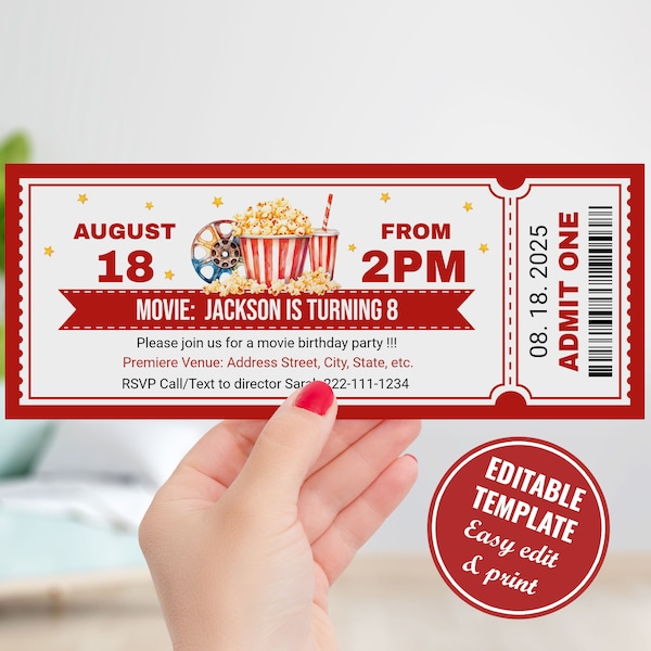 Editable Movie ticket birthday invitation template, Digital movie theatre birthday invite, Birthday Movie Theatre ticket, instant Download