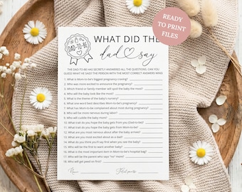 May include: A white paper game card titled What Did The Dad-To-Be Say with a black ink badge graphic and eighteen numbered questions for a baby shower. The card features a script font for the word dad and includes lines for name and total points.