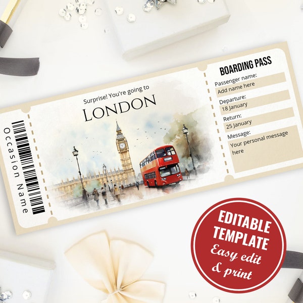 Modèle modifiable de carte d'embarquement pour Londres, billet d'embarquement surprise aquarelle pour Londres, faux billet d'avion pour Londres, téléchargement immédiat