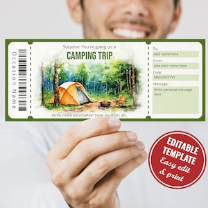 Modèle modifiable de bon de voyage de camping, modèle de billet de voyage de camping surprise aquarelle, téléchargement immédiat