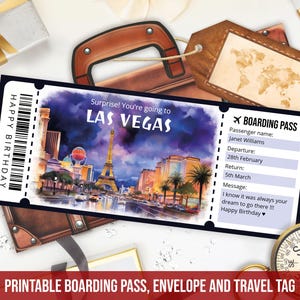 Modèle modifiable de carte d'embarquement pour Las Vegas, billet de voyage surprise à Las Vegas, chèque-cadeau imprimable pour avion de Las Vegas, vol téléchargement immédiat