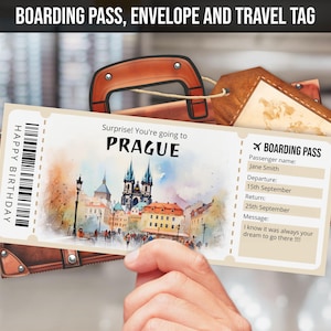 Modèle de billet cadeau voyage PRAGUE surprise - carte d'embarquement pour la République tchèque - aquarelle imprimable et modifiable billet d'avion, téléchargement immédiat