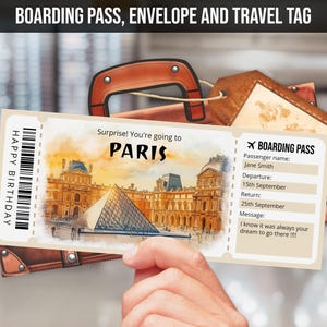 Modèle de billet cadeau surprise Paris France voyage révéler, carte d'embarquement pour Paris, aquarelle imprimable et modifiable billet d'avion téléchargement immédiat