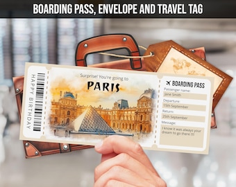 May include: A beige and brown boarding pass with a watercolour illustration of the Eiffel Tower and the Louvre Museum in Paris, France. The text on the boarding pass reads "Surprise! You're going to PARIS" and "HAPPY BIRTHDAY". The boarding pass also includes a section for a passenger name, departure date, return date, and a message.
