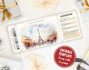 May include: A printable boarding pass template featuring a watercolour illustration of the Eiffel Tower in Paris. The text reads "Surprise! You're going to Paris" and "Happy Birthday". The template includes fields for passenger name, departure date, return date, and a message.