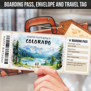Bearbeitbarer Colorado Bordkarte, Überraschung Colorado USA Reise Geschenkkarte Vorlage, druckbare Flugkarte Sofortiger Download